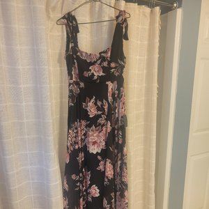 Lulu's Forever Black Floral Print Bow Strap Maxi Dress